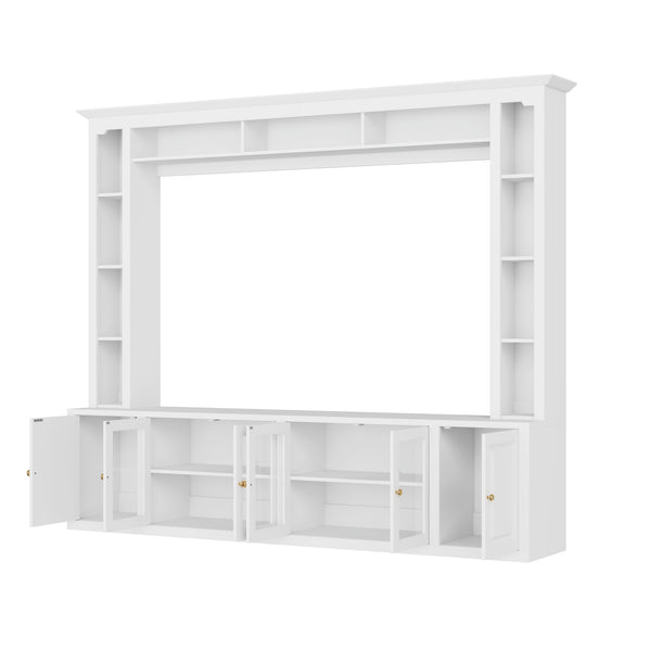English Elm 4-Piece Modern Entertainment Center Wall Unit with Tempered Glass Doors, Adjustable Shelves, Designer Bridge and Cable Management for Spacious Living Room Storage White N721S000052K