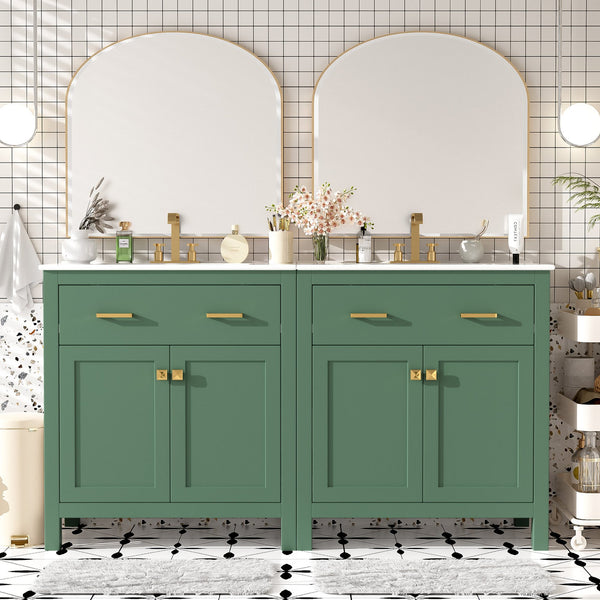 English Elm 60" Modern Bathroom Vanity Set with Double Ceramic Sinks, Soft-Close Doors, Flip Drawer & Storage Green N729P000002F