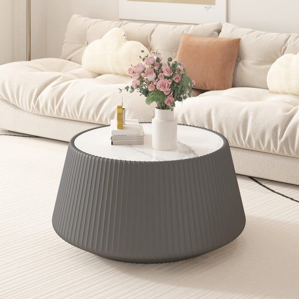English Elm Light Sintered Stone Top Round Coffee Table with Sculpted Leather Base for Living Room Grey W3081P367592