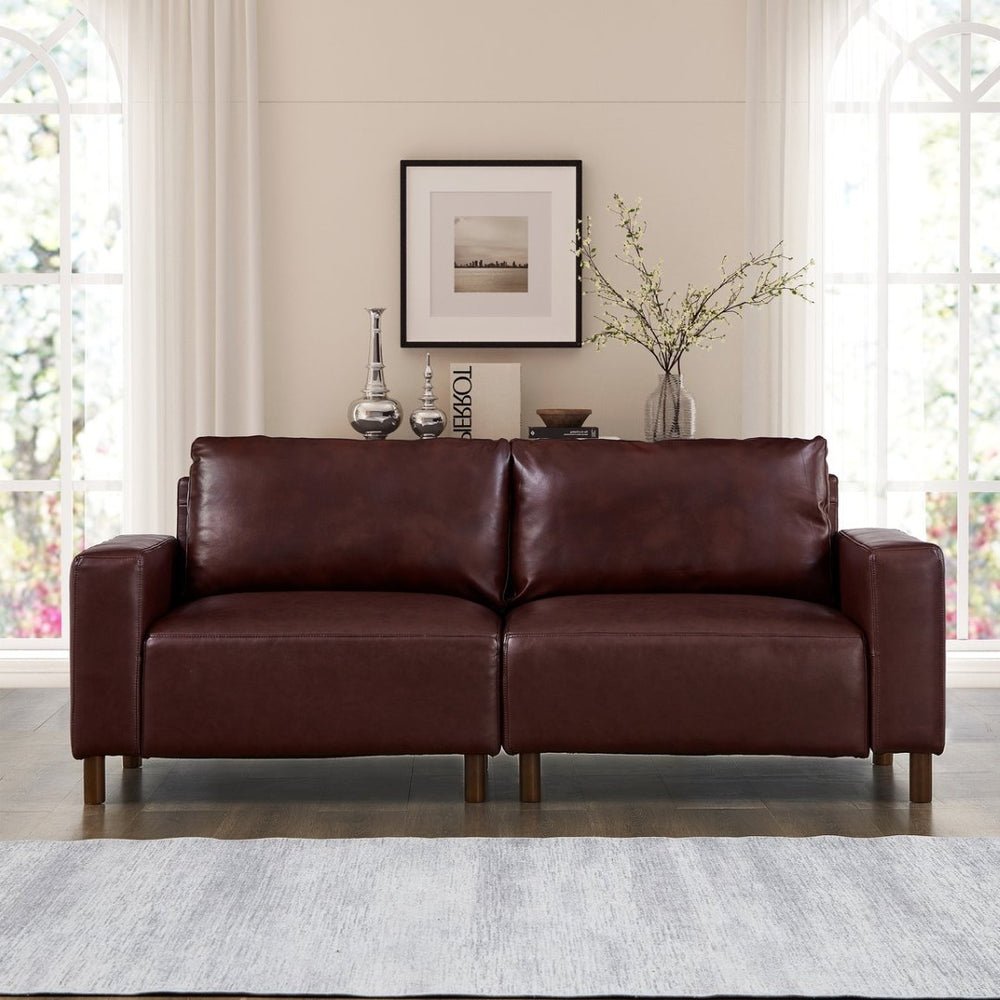English Elm 78.5" Mid-century Faux Leather Loveseat with Solid Wood Legs for Living Room or Apartment Burgundy W1097S00253
