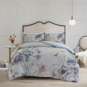 JLA Home Madison Park - 3 Cotton Floral Duvet Cover Set - Shabby-Chic Large Print, OEKO-TEX, Breathable 100% Cotton Comfort Blue MP12-7837