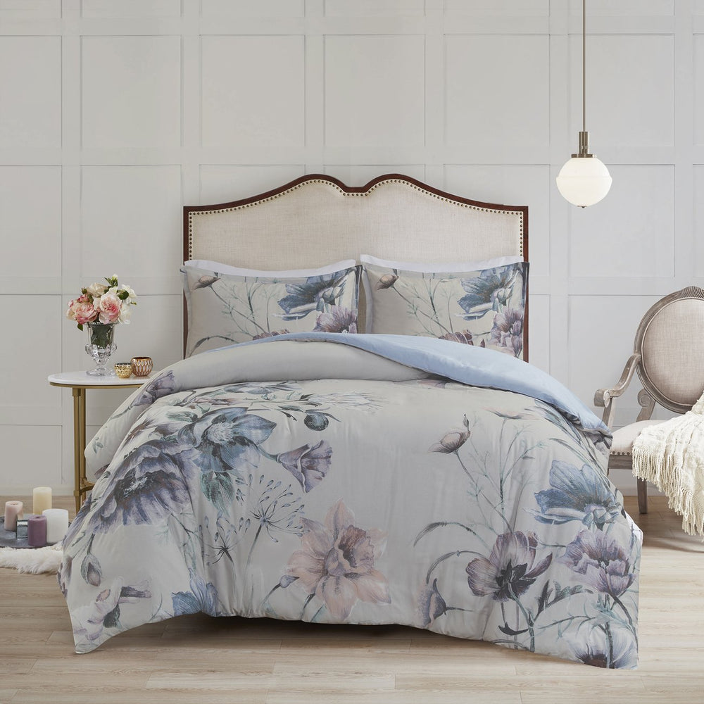JLA Home Madison Park - 3 Piece Cotton Printed Duvet Cover Set with Large Floral Print, OEKO-TEX, Breathable Cottage Charm Blue MP12-7838
