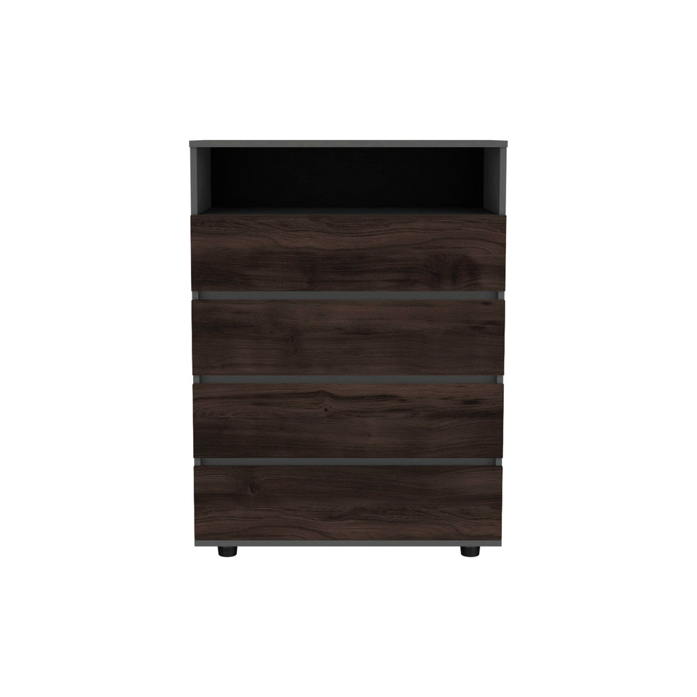 English Elm Alpine 4-Drawer Dresser in Matte Gray with Triple-Tone Walnut Accents, Compact Storage & Smooth Glides B200P335298
