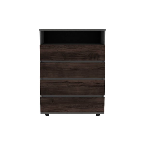English Elm Alpine 4-Drawer Dresser in Matte Gray with Triple-Tone Walnut Accents, Compact Storage & Smooth Glides B200P335298