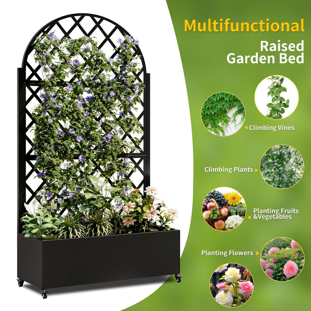 English Elm round Metal Planter Box with Trellis 73" High Raised Garden Bed on Wheels | Rust-Resistant, Deep 14" W347P331028