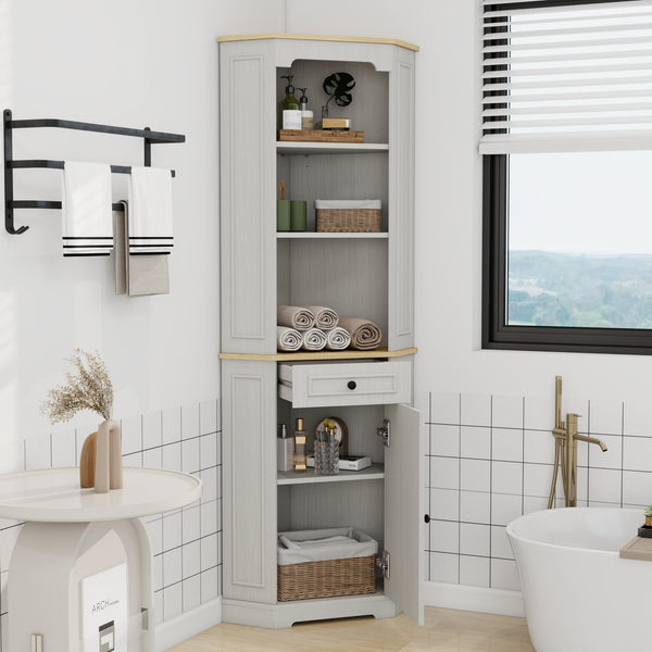 English Elm 68" Farmhouse Corner Cabinet Antique White — 68" Tall Freestanding Storage with Drawer, Door & Adjustable Shelf W1120P304302