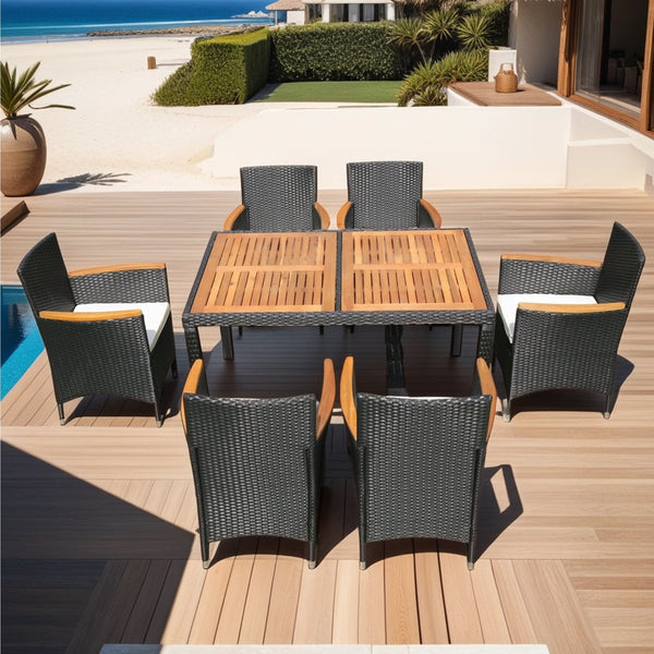 English Elm Eelifee 7-Piece Outdoor Wicker Dining Set With Acacia Wood Top - Stylish, Durable, And Comfortable! W329S00006