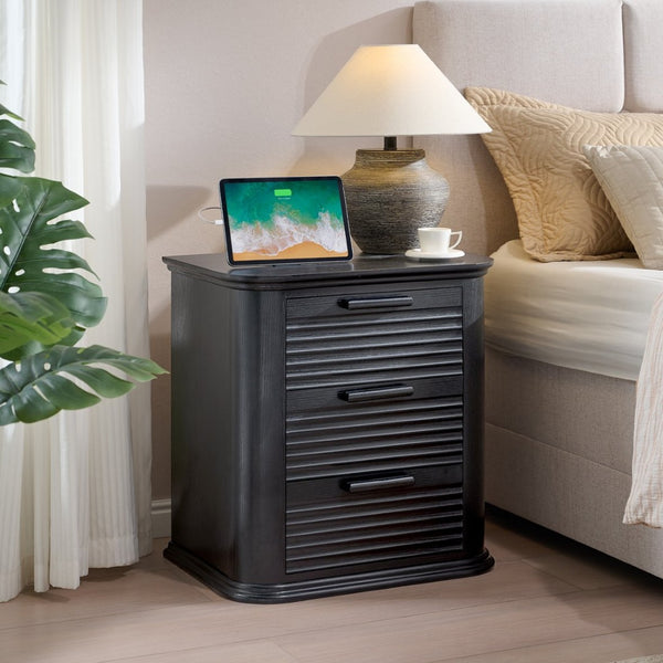 English Elm 22" Fluted Wood Nightstand with Built-in Charging Station Three Drawer Bedside Storage Black Woodgrain T5326P431147