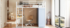 English Elm Full Loft Metal Bed with Built-In Desk, LED Strip, Power Outlet and Fabric Wardrobe for Space-Saving Living White SF000179AAK