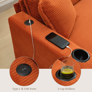 English Elm L Shape Sofa Couch With Usb Charging & Cup Holders – Stylish 3-Seater Corduroy Sectional & Ottoman W2100S00180