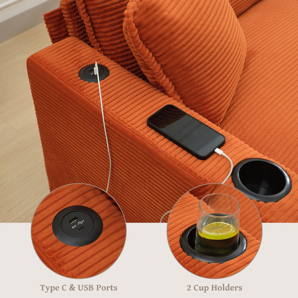 English Elm L Shape Sofa Couch With Usb Charging & Cup Holders – Stylish 3-Seater Corduroy Sectional & Ottoman W2100S00180