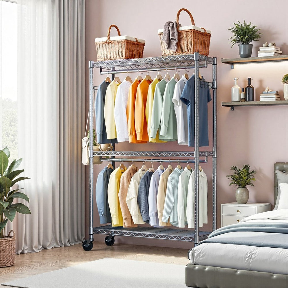 English Elm Heavy Duty Rolling Garment Rack Freestanding Closet Organizer with Adjustable Steel Shelving Chrome W5386P445607