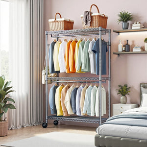 English Elm Heavy Duty Rolling Garment Rack Freestanding Closet Organizer with Adjustable Steel Shelving Chrome W5386P445607