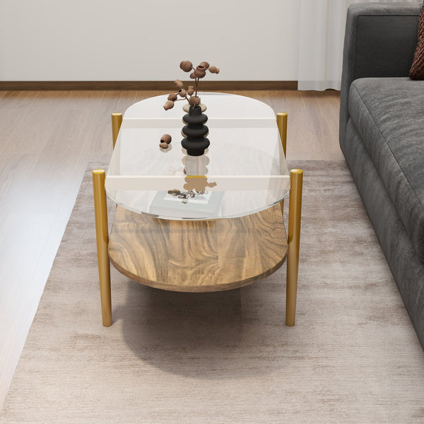 English Elm Oval Glass Coffee Table - Mid-Century Modern 2-Tier Tempered Glass Top Walnut Shelf Gold Legs, L41 W1727P356427