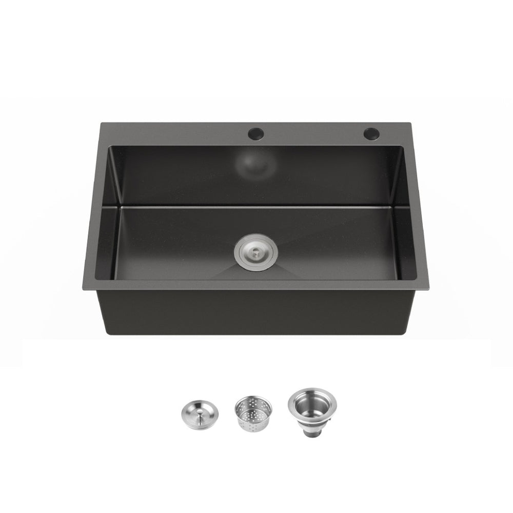 English Elm Stainless Steel Handmade Matte Black Single Bowl Overmount Kitchen Sink Deep Basin T3177P370629