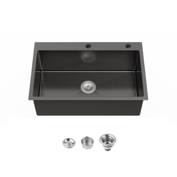 English Elm Stainless Steel Handmade Matte Black Single Bowl Overmount Kitchen Sink Deep Basin T3177P370629