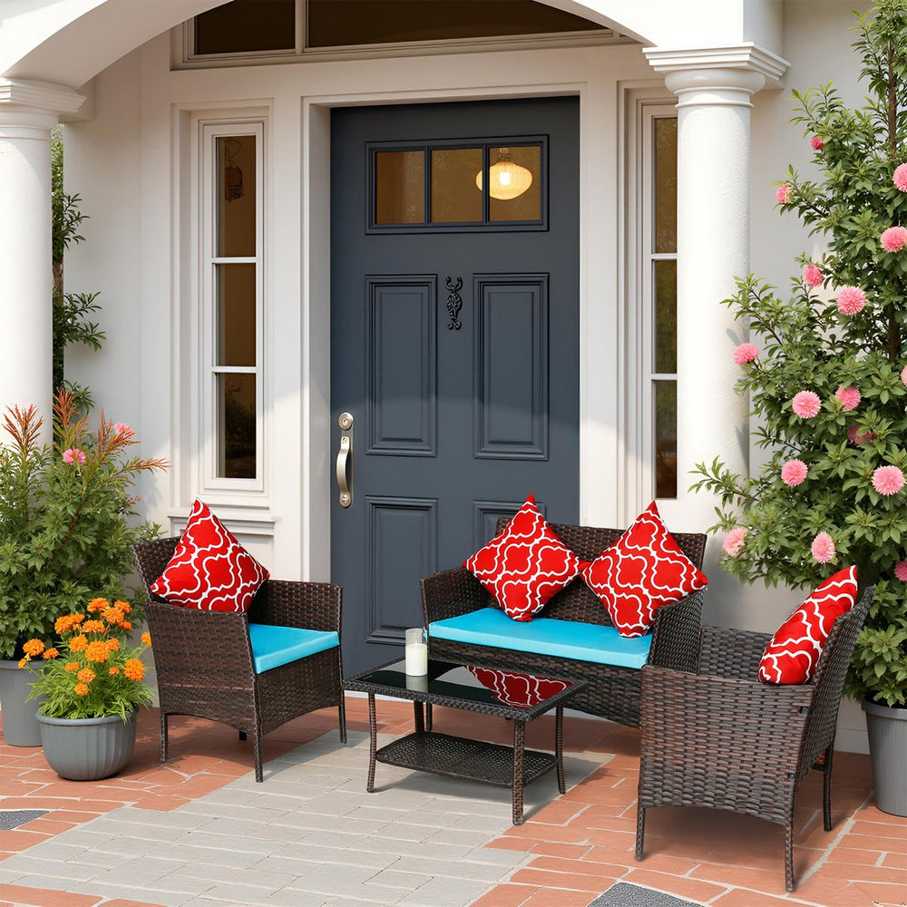 English Elm Four-Piece Pe Rattan Outdoor Furniture Set With Sapphire Blue Cushions & Glass-Top Table - Stylish Comfort For Patios And Gardens W3152P269436