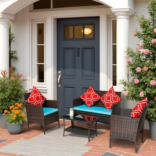 English Elm Four-Piece Pe Rattan Outdoor Furniture Set With Sapphire Blue Cushions & Glass-Top Table - Stylish Comfort For Patios And Gardens W3152P269436