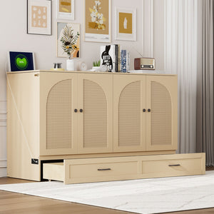 English Elm Queen Murphy Wall Bed with Usb Ports Storage Drawers and Cabinet Style Panel Front Gold N708S00010G-1