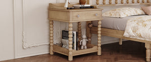 English Elm Retro Bedside Nightstand with Turned Rubberwood Legs Open Shelf and Drawer Storage Natural N733P206240M