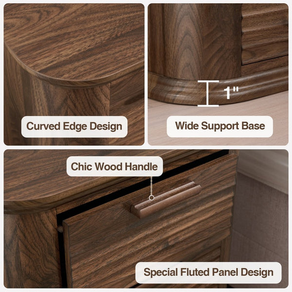 English Elm 22" Fluted Wood Nightstand with Built-in Charging Station Three Drawer Bedside Storage T5326P431148