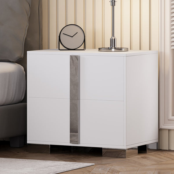 English Elm Modern Two Drawer Nightstand with Slim Metal Legs and Mirrored Bar Handles for Bedroom White W5271P416538