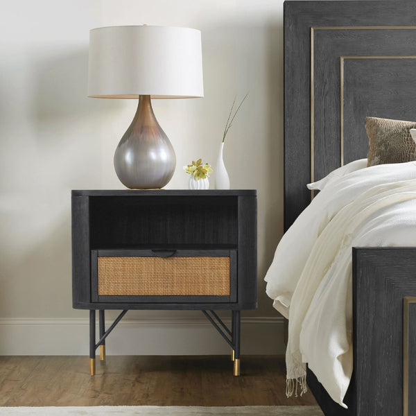 English Elm Saratoga Acacia Wood Nightstand with Cane Rattan Drawer and Open Shelf Storage B2736P464859