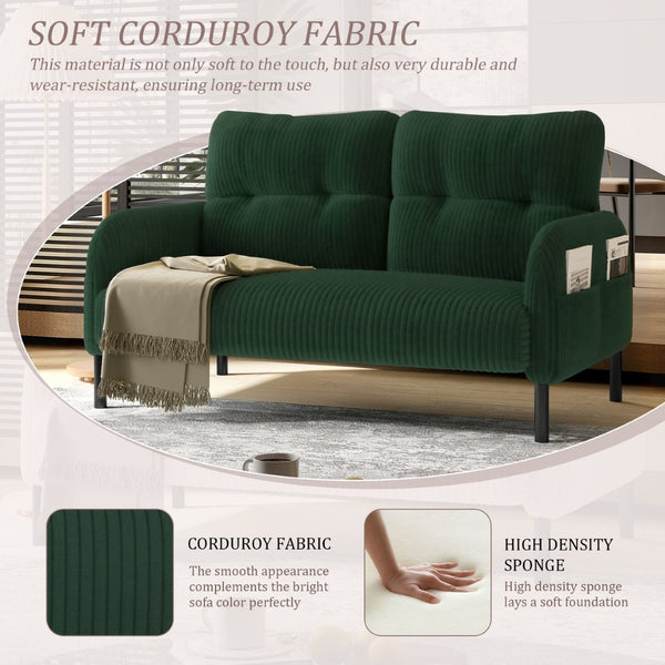 English Elm United We Win Corduroy Two Seat Sofa with Lumbar Support and Built in Storage Pockets Emerald W1568P386169
