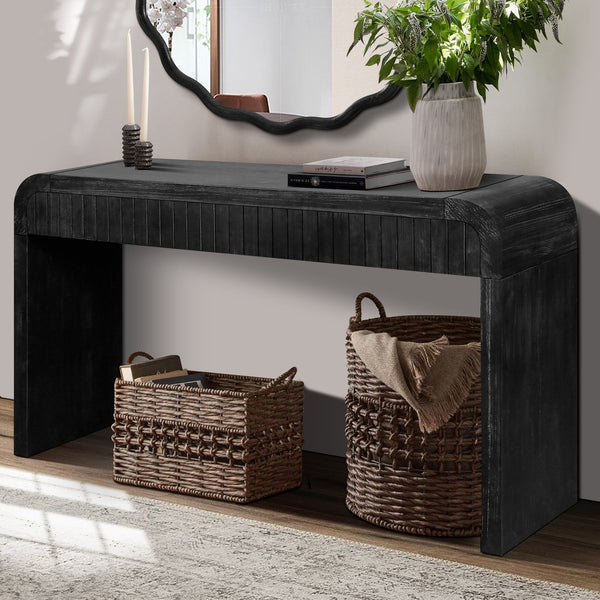 English Elm 59'' Vintage Crafted Entryway Table with Hidden Handle Drawers, Three-Dimensional Stripes, Easy Assembly, Stylish Storage for Hallway and Living Room Antique Black W1445P214056