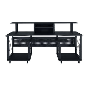 English Elm Megara Black Finish Music Desk with Keyboard Tray, Cable Management, 8 Wheels & Multi Storage Organizer B2726P265727