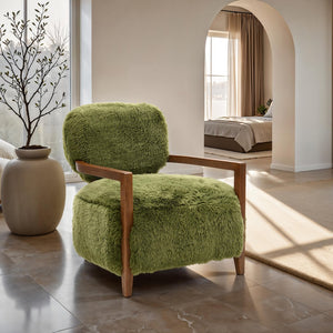 English Elm 1Pc Accent Chair - Plush Green Faux Fur With Walnut Arms, Cozy Contemporary Design For Any Room B2741P401374