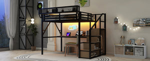 English Elm Full Loft Bed with Desk and Charging Station, Metal Loft with Stairs, Wardrobe, Shelves & Light Black W2580S00047