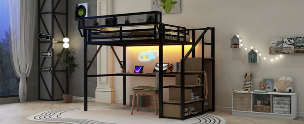 English Elm Full Loft Bed with Desk and Charging Station, Metal Loft with Stairs, Wardrobe, Shelves & Light Black W2580S00047