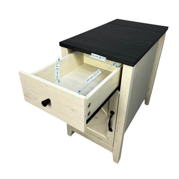 English Elm Farmhouse Nightstand with Charging Station and Barn Door Drawer — USB-C, AC Outlets, Compact Storage White+Black W1412P230408