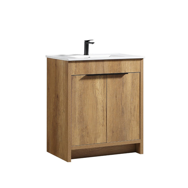 English Elm 30 Inch Floating Bathroom Vanity Fluted Wood Grain Front with Ceramic Integrated Sink W3520S00046