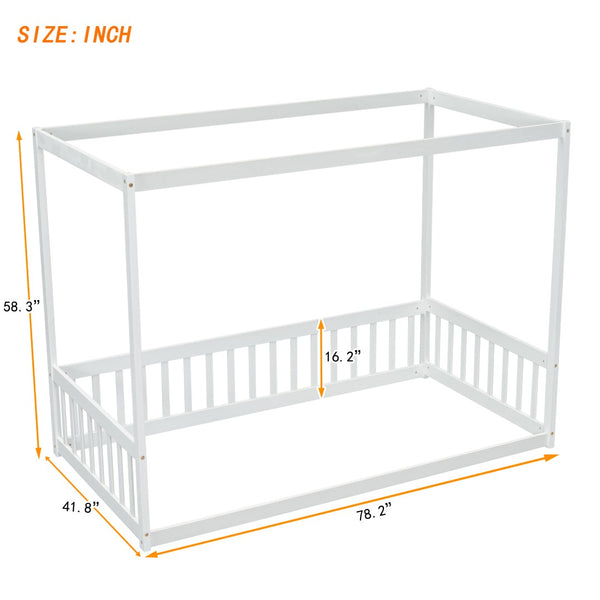 English Elm Twin Canopy Frame Floor Bed With Guardrails – Charming White Design For Cozy Kids' Rooms & Playtime W504P143278-GIGA