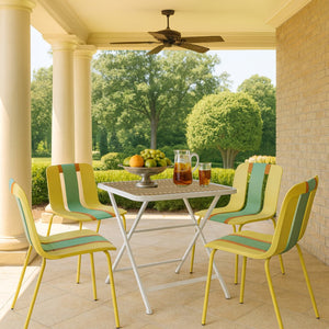 English Elm 4-Pack Modern Striped Color Block Chairs with 55" Long Table — Waterproof PP Seats, Rustproof Metal Frame Grain Yellow,Haze Green,khaki,Tropical Orange,White W3450S00041