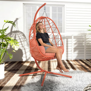 English Elm Hanging Egg Chair Woven Pe Wicker Swing with Stand Washable Cushion Patio Garden T5880P497579