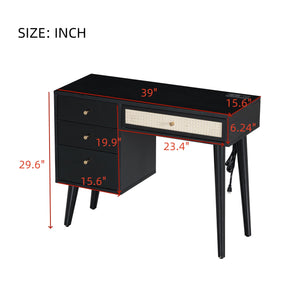 English Elm 39" Retro Bohemian Makeup Vanity Set with Rattan Drawers, USB Charging Port, Cushioned Stool, 4-Drawer Storage Black 44.1 L x 18.75 W x 10.5 H N733P180011B