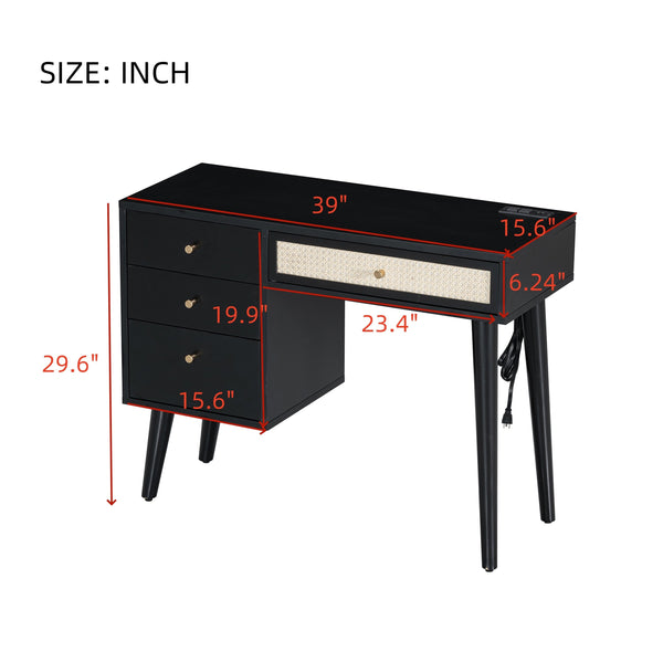 English Elm 39" Retro Bohemian Makeup Vanity Set with Rattan Drawers, USB Charging Port, Cushioned Stool, 4-Drawer Storage Black 44.1 L x 18.75 W x 10.5 H N733P180011B