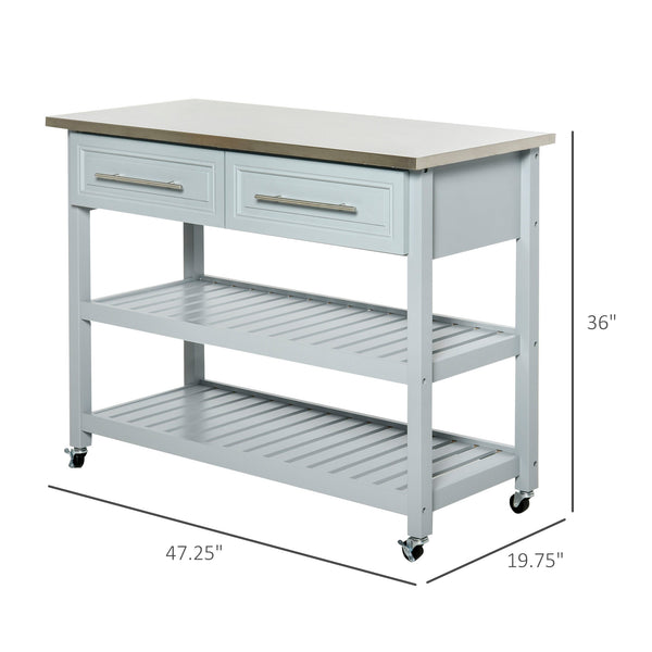 English Elm Homcom Rolling Kitchen Island With Stainless Steel Top, 2-Tier Storage, Drawers & Casters In Light Gray W2225P217369