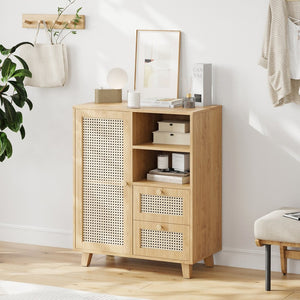 English Elm Rattan Cane Front Sideboard with Drawers Adjustable Shelf Bohemian Storage Cabinet Natural T3623P434728