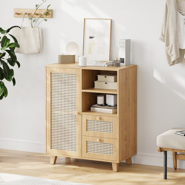 English Elm Rattan Cane Front Sideboard with Drawers Adjustable Shelf Bohemian Storage Cabinet Natural T3623P434728