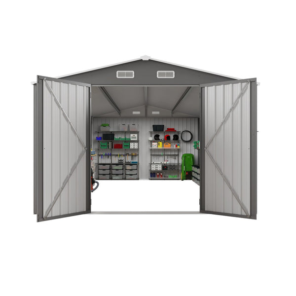 English Elm 10x14 Ft Galvanized Steel Outdoor Storage Shed with Lockable Doors and Vented Window W3213S00004