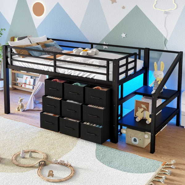 English Elm Twin Metal Low Loft Bed with Storage Stairs Fabric Drawers and Built-in Lights Black W5305S00045