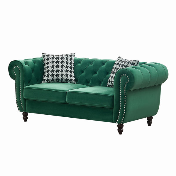 English Elm 67"Chesterfield Velvet 2-Seater Sofa with Nailhead Trim, Roll Arms, Hardwood Frame, Luxurious Comfort Green W3373S00049