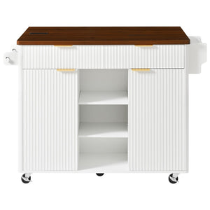 English Elm K&k Fluted Rolling Kitchen Island Faux Marble Top Power Outlet Drop Leaf Storage White N707S000019W