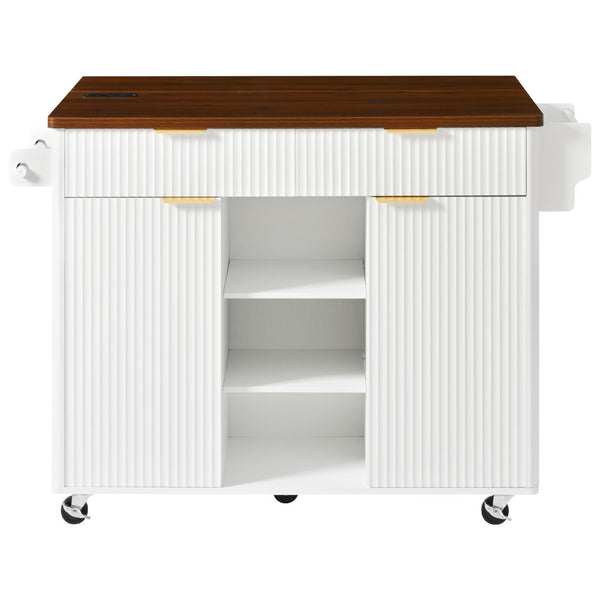 English Elm K&k Fluted Rolling Kitchen Island Faux Marble Top Power Outlet Drop Leaf Storage White N707S000019W