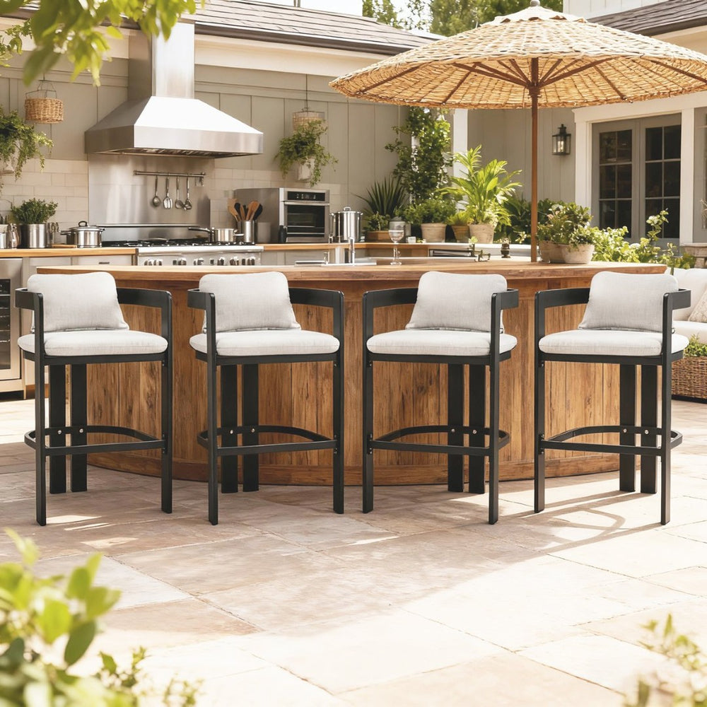 English Elm Pula Outdoor Aluminum Counter Stools with Cushions Powder Coated Patio Set of 4 N775P361567G-S4
