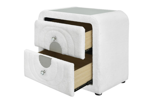 English Elm Shelyn Teddy Sherpa Upholstered Nightstand with Glass Top and Crystal Knob Hardware White B2756P495789
